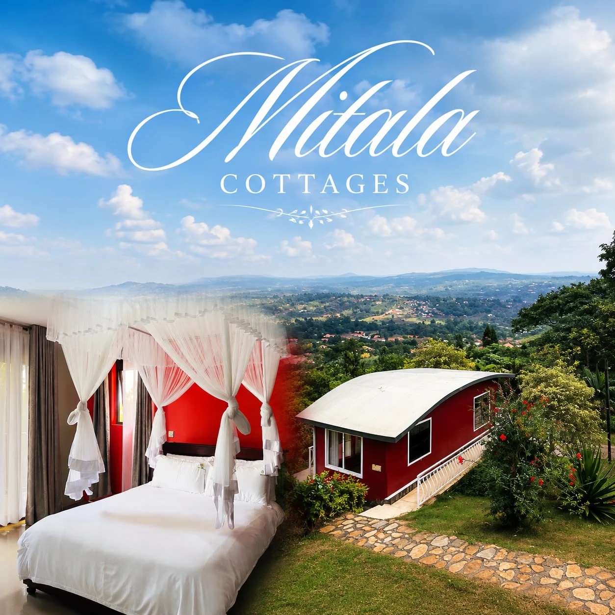A red Mitala Cottage and its four-poster room above the valley at Maya Nature Resort.